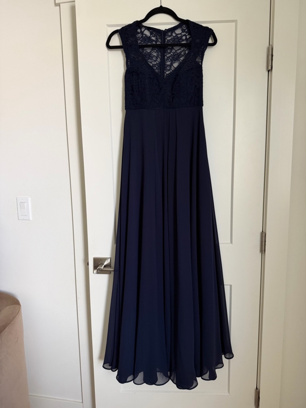 Mori Lee Navy Blue Lace Chiffon Maxi Bridesmaid Dress Formal Evening Gown